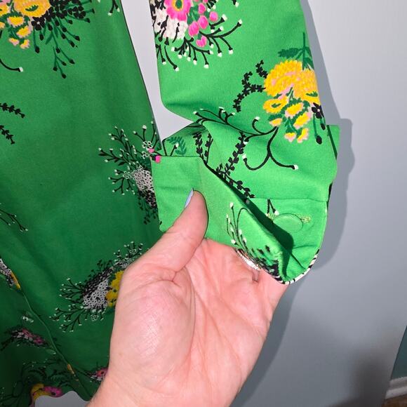 Vintage 70's Caron Shirt Dress Green Floral Print Dagger Collar Knee Length SEE - Picture 7 of 7